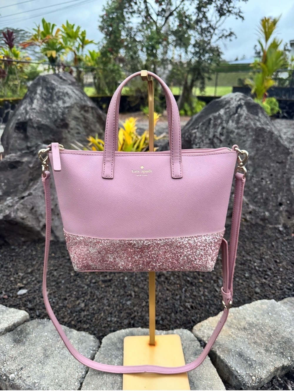 Kate Spade New York Pink Glitter Crossbody Satchel Small Tote Bag